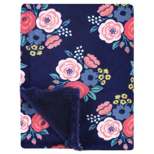 Hudson Baby Basics Infant Girls Cozy Plush Blanket featuring Fuzzy Trim and Reverse, Midnight Blossom, One Size