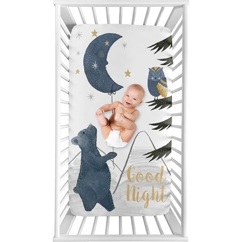 Sweet Jojo Designs Woodland Bear and Owl Boy or Girl Fitted Crib Sheet Baby or Toddler Bed Nursery Photo Op - Navy Blue, Grey, Gold and Black Celestial Moon Star Watercolor Forest