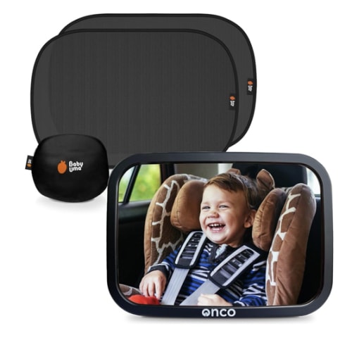 Onco Baby Car Mirror & Car Window Shades Bundle (18.9″ × 12″) - UPF 50+ Window Shade, 100% Shatter-Proof Car Mirror for Baby, Universal Shades & Mirror