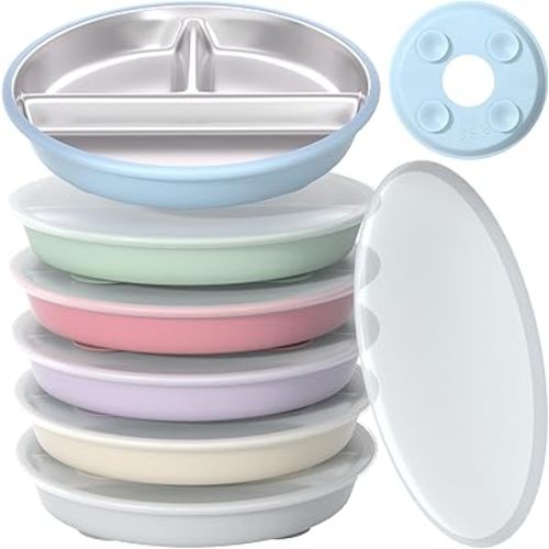 Suction Toddler Plates Set with Lids - Divided Stainless Steel Kids Plates with Dividers Silicone Baby Dishes 7.8 inch (6 Pack Sets)