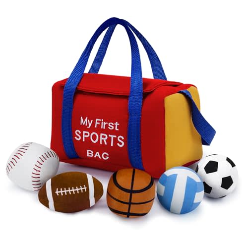 My First Sports Bag Plush, Baby Sports Toys Plushie with 5 Pcs Ball Plushy for Toddlers, First Birthday Gifts for Boys Girls