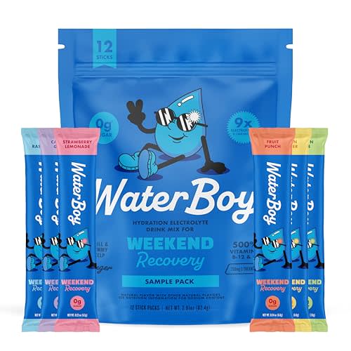 Waterboy Weekend Recovery Sample Pack | 3,200mg Electrolyte Powder Packets | Ginger + L-Theanine + Vitamins | No Sugar, All Natural, Gluten Free | 12 Drink Stick Mixes (Sample Pack)