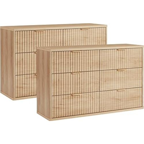 LEYAOYAO Fluted 6 Drawers Dresser Set of 2, 48" Wide Modern Chest of Drawers with Metal Handle, Natural Curved Profile Dresser TV Stand, Wooden Drawer Organizer for Bedroom, Living Room, Hallway