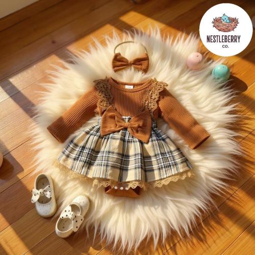 Plaid Romper Dress with Bow & Headband: Baby Girl Outfit Set
