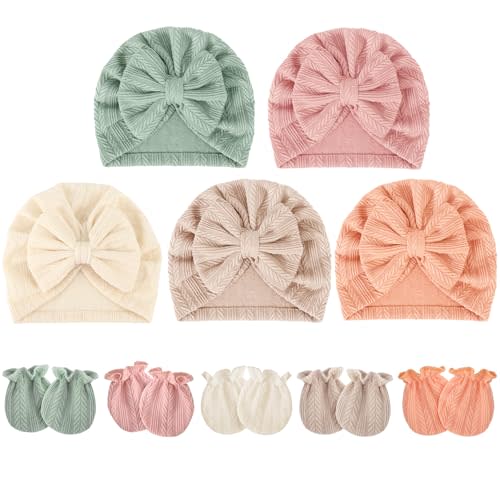 BQUBO Baby Turban Hats and Mittens Set Newborn Infant Hospital Hats Caps with Bows for Baby Boys Girls 0-12 Months
