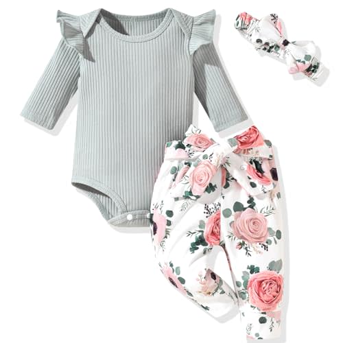Aalizzwell Preemie Newborn Infant Baby Girls Clothes Ribbed Romper Bodysuit Pants Set Fall Winter Outfits