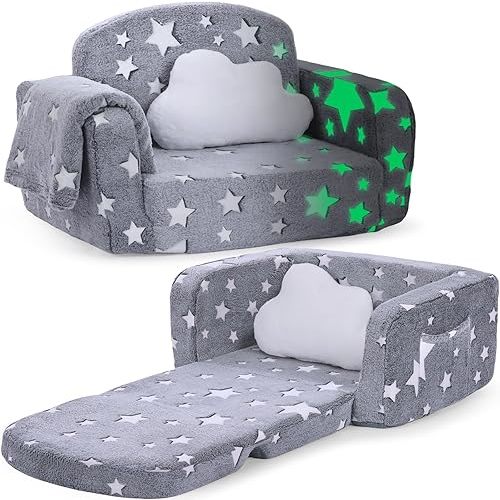 Kids Couch, 2-in-1 Soft Toddler Couch Fold Out with with Blanket and Cloud Pillow, Glow in The Dark, Toddler Chair Comfy, Convertible Sofa to Lounger, Gifts for Kids Girl Boys, Medium Grey Star