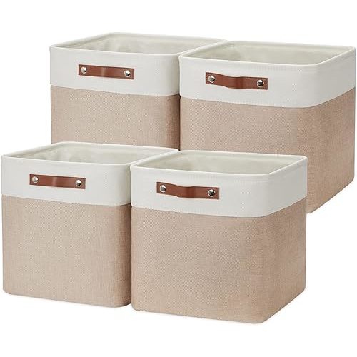 DULLEMELO Fabric Storage Cubes,13 inch Cube Stroage Bins for Empty Gift Basket,Toy Nursery Storage Linen Closet Organizers and Storage Baskets Shelves Bins(White&Khaki)