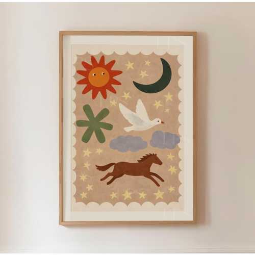 Folk Art Nursery Print | Sun, Moon, Horse & Bird Heavyweight Poster