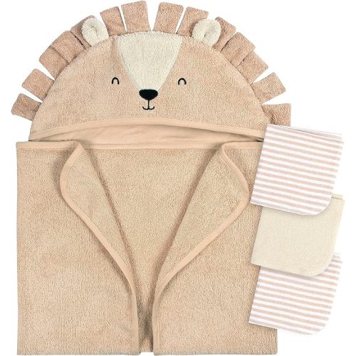 Gerber Baby 4 Piece Animal Character Hooded Towel and Washcloth Set, Brown Lion, One Size