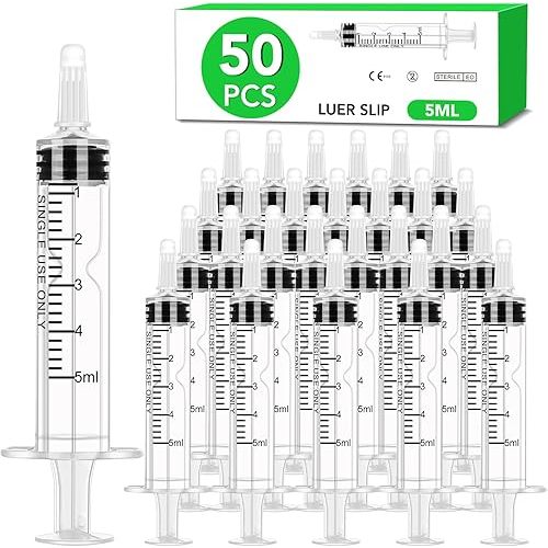 50 PCS 5ml Syringe with Cap for Liquid, Oral Syringe without Needle for Medicine Dropper, Colostrum Collect, Feeding Pets, Liquid Measuring, Individually Sealed, Luer Slip