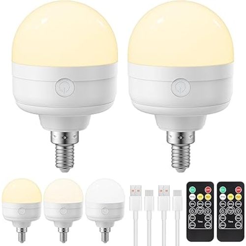 Rechargeable Light Bulb with Remote - E12 2Pack 5W 350LM Dimmable Detachable LED Bulb 3 Color Temperature Options & 3 Timer, 2000mAh Battery Operated Magnetic Bulbs, Bulbs for Non-Hardwired Fixture