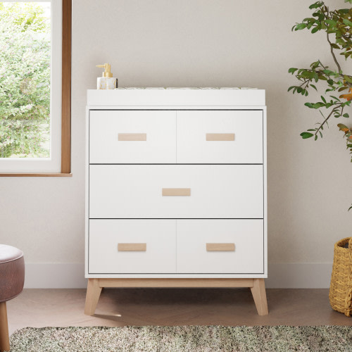 babyletto Scoot 3-Drawer Changer Dresser with Removable Changing Tray - White / Washed Natural