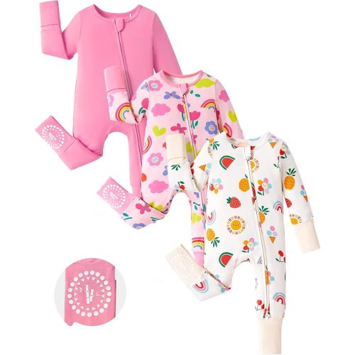 PATPAT Baby Footies Boys Girls - Bamboo Viscose - Zipper & Non-Slip Soles Romper Mitten - Footed & Footless Infant Clothes
