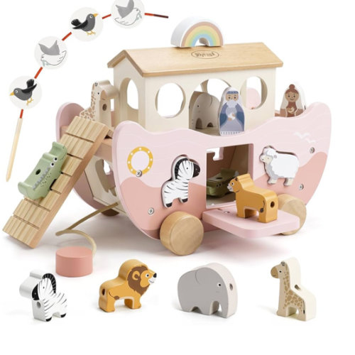 Joyreal Pink Wooden Noah's Ark Toy for 1 Year Old Baby Girl Baptism Gift - Montessori Educational Toy with Animal Shape Sorter - Christian Toys for Toddler Boy 1-3 Years Old Christmas Birthday Gift