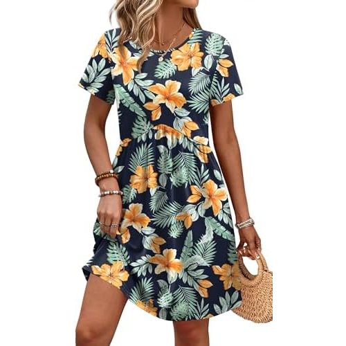 OFEEFAN Spring Dresses for Women 2026 Short Sleeve Crew Neck Casual Dresses Empire Waist Maternity Dress with Pockets