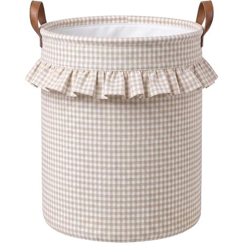 Khaki Gingham Laundry Basket Ruffled Checkered Laundry Hamper
