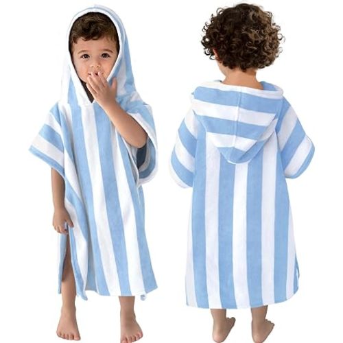 Toddler Poncho Towels with Hood, Oversized (2-4Years,21"X21") Made from 100% Soft Cotton,Absorbent Hooded Towels for Baby Boys,Perfect for Pool | Swimming | Bath | Beach,Light Blue Stripe