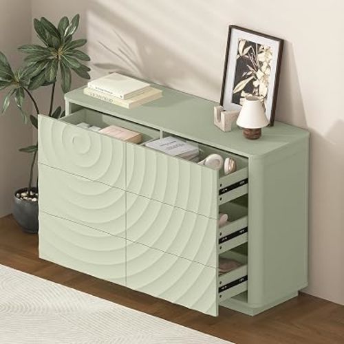 Wood Dresser with 6 Drawer, 3D Spiral Grain Chest Of Drawers, Sage Green