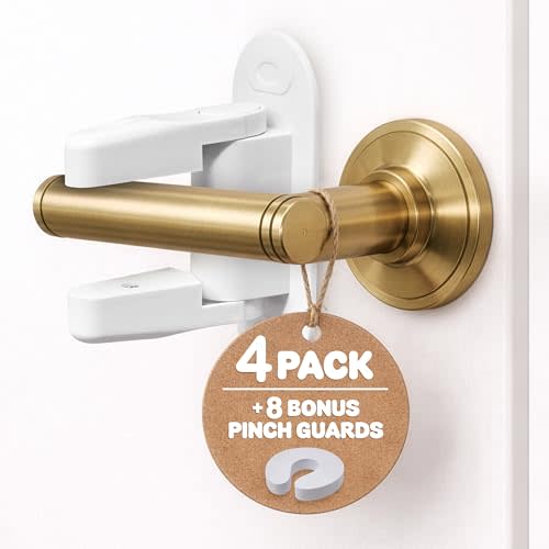 Gift Boutique Door Locks for Kids Safety – Child Proof Door Lever Lock 4 Pack with 8 Pinch Guards, Baby Proof Doors Handle Lever, Easy No Drill Install for Pantry, Bathroom, Closet & Interior Doors