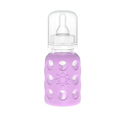 Lifefactory 4oz Glass Baby Bottle with Stage 1 Nipple, Lavender | Protective Silicone Sleeve, BPA Free, Reusable, Dishwasher Safe