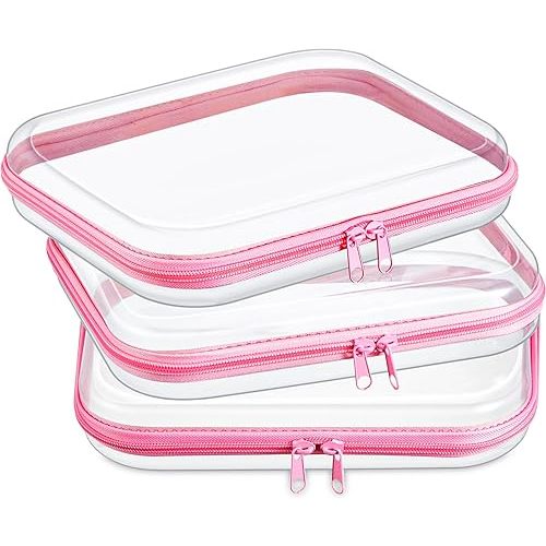 Hoolerry 3 Pcs Clear Hard Zipper Case Makeup Bag Plastic Zipper Pouch Christmas Storage Case Portable Travel Organizer Bin for Cosmetics, Building Blocks, Puzzles(Pink,M)