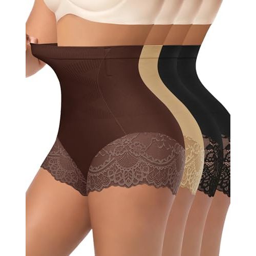 Women's High Waisted Underwear, Ladies Panties with Lace, Comfortable Briefs, 4 Pack