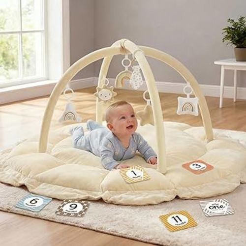 5-in-1 Thick & Plush Baby Play Gym, Baby Play Mats for Floor, Tummy Time Mat with 6 Toys, Convertible Stage-Based Developmental from Babies to Toddlers, Ball Pit, Cream