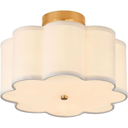 13.3"Semi Flush Mount Ceiling Light Fixture, 3-Light Modern Close to Ceiling Light With Fabric Flower-Shaped Shade, Light Fixtures Ceiling Mount for Bedroom Nursery Kids Room Living Room(Gold)