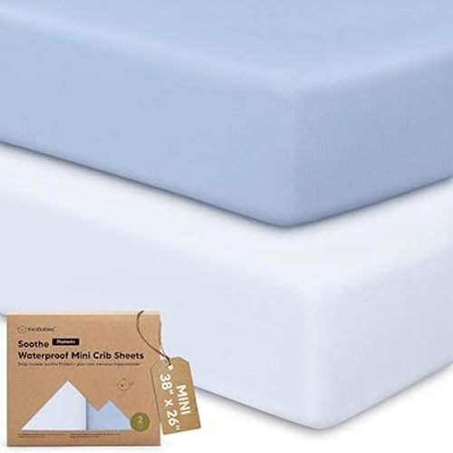 2 Pack and Play Sheets, Waterproof Mini Crib Sheets Fitted - 38x26 Organic Cotton Pack N Play Sheets for Graco Pack and Play Mattress, Playard Baby Crib Sheets,Neutral for Boy,Girl,Toddler(Blue Flax)