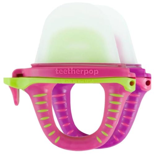 Teetherpop Fillable Silicone Teether for Babies – Breastmilk Popsicle Molds for Teething with Spill-Proof Sippy Slits – Freezable Baby Teethers for Liquids & Purées - Cool Relief (PinkLimon & Fuchsia)