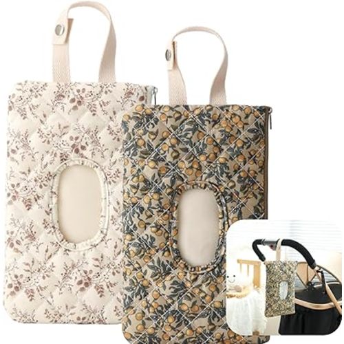 Baby Wipe Holder Diaper Caddy Pouch - Floral Quilted Portable Travel Organizer for Strollers, Diaper Bags & Daily Essentials | Compact Reusable Wipes Case (White + Brown)