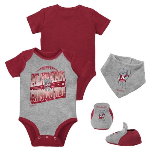 Alabama Crimson Tide Mitchell & Ness Infant 3-Pack Bodysuit, Bib and Bootie Set - Crimson/Heather Gray