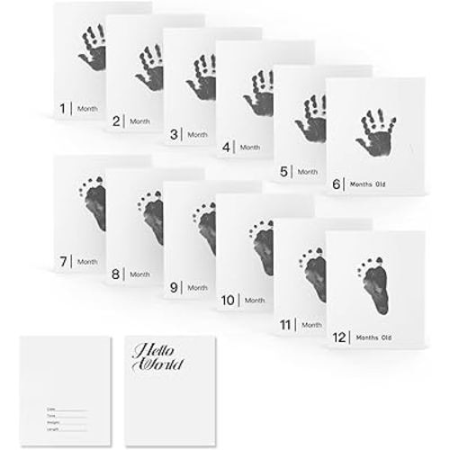 14 Pieces Baby Inkless Milestone Cards,1 Month to 12 Month Hand and Footprint Kit,Dog or Cat Pet Paw Print Kit,Newborn Safe Inkless Pad,Hello World Newborn Sign Memory Kit(14 Ink Pad+14 Papers)