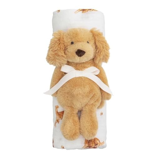 Mud Pie Golden Retriever Dog Baby Swaddle & Rattle Set