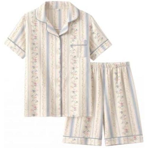 SWOMOG 100% Cotton Pajamas Set for Women 2PCS Short Sleeve Button Down Pjs Floral Print Summer Sleepwear Tops and Pants