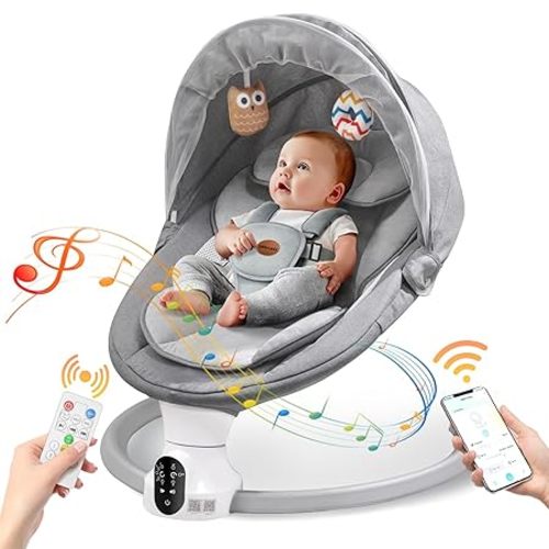 Baby Swings for Infants - Exclusive App & Bluetooth Function, Electric Baby Swing with 5 Point Harness & 5 Sway Speeds, 10 Preset Lullabies, Portable Infant Swing for Indoor/Outdoor (Light Gray)