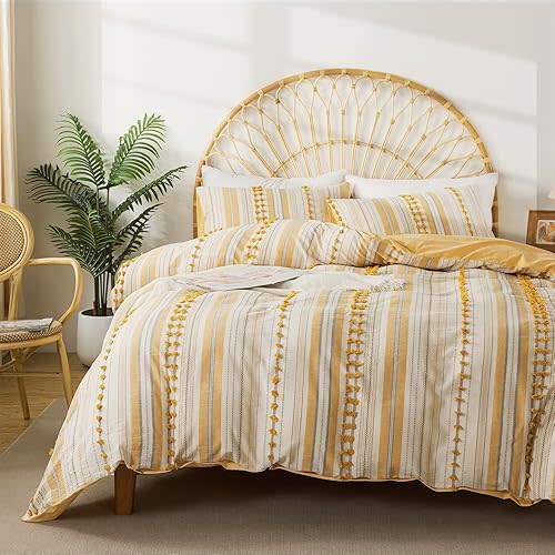 Washed Cotton Twin Size Duvet Cover Set Tufted Dots Striped Yellow 66''x90''