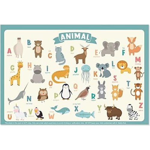 60 Pack Disposable Placemats for Baby & Toddle, Sticky Kids Placemat for Picnic Table, Party, Travel, 12" x 18" Restaurant Table Mats, Animal Alphabet Theme