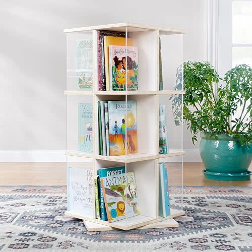 Guidecraft EdQ Rotating Bookshelf for Kids - White: 360 Spinning Plywood Book Organizer with Acrylic Windows: Montessori Bookshelf for Kids Classroom | Playroom Storage and Bookcase for Classroom