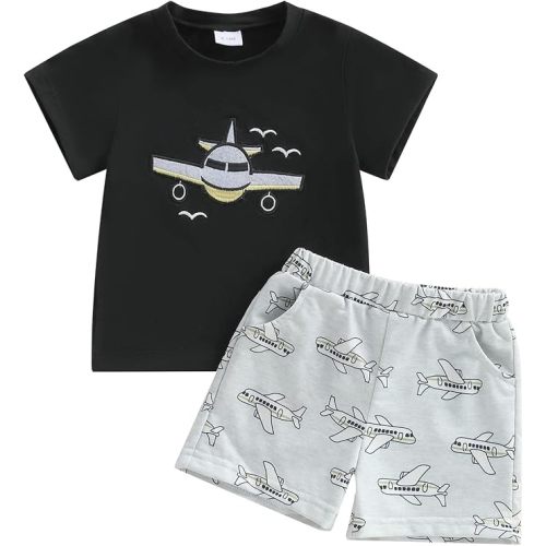Toddler Baby Boy Summer Outfit Airplane Pilot Short Sleeve T-shirts Tops Plaid Shorts Set Infant Planet Clothes Set