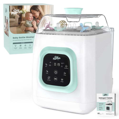 Tiny Marvels Baby Bottle Washer, Sterilizer and Dryer 5-in-1 All-in-One Baby Bottle Cleaner with Self-Cleaning, Water Purification, 13 Modes, 6 Bottle Capacity, Includes 60 cleaning tablets