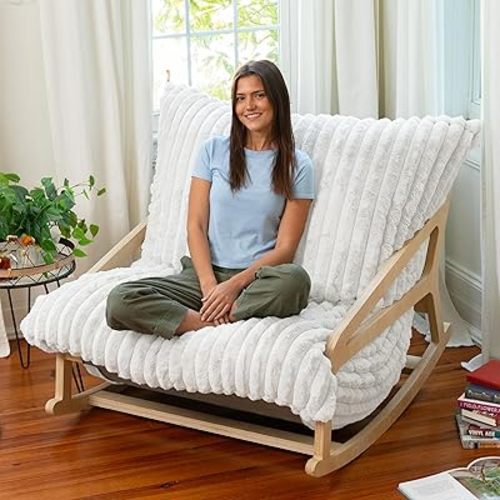 Pillow Saxx Bean Bag Rocking Chair - Elegant Oversized Rocker with Modern Wood Frame, Mondo Fur Ivory