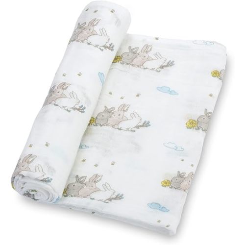 LollyBanks Muslin Swaddle Blankets, 100% Cotton Soft Baby Swaddle Blanket for Boys and Girls, Large 47 x 47 Inches Breathable Baby Receiving Blankets, Baby Essentials, Registry (Rabbit Theme)