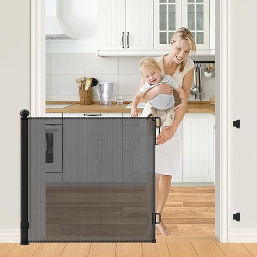 Retractable Baby Gates Extra Wide, PRObebi Retractable Dog Gate Extends to 55" Wide 34" Tall, Dog Gates for The House, Mesh Baby Gate for Staris, Hallways, Doorways, Outdoor & Indoor (Black)