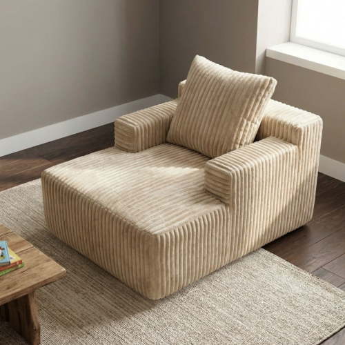 Oak and Birch Chaise Lounge Chair for Kids & Teens, Plush Velvet Corduroy Boneless Sofa, Compact Dorm & Apartment Chair, 33D Foam, Anti-Skid, Cream