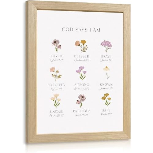 RLKHG Wood Framed God Says I Am Wall Art, Christian Scripture Nursery Wall Decor, Inspirational Bible Verse Poster Print, Floral Religious Faith Artwork for Baby Room Girls Bedroom 8x10 Inch