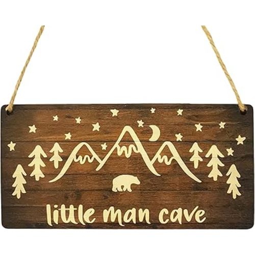 7.8x4 Inch Little Man Cave Sign, Woodland Decor Nursery Wall Decor with Bear and Antlers Rustic Wooden Art, Baby Boy Room Decorations Wooden Wall Art for Kids Bedroom