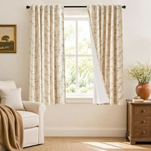 Lazzzy Blackout Vintage Floral Linen Curtains Taupe on Beige 50×63 2 Panels