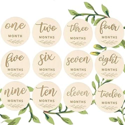 Wooden Baby Monthly Milestones for Newborn Baby,1-12 Months Baby Announcement Discs, Pregnancy Baby Shower Gifts (Plant Milestone Discs)